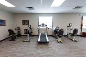 Multiple treadmills and exercise bikes in a rwo